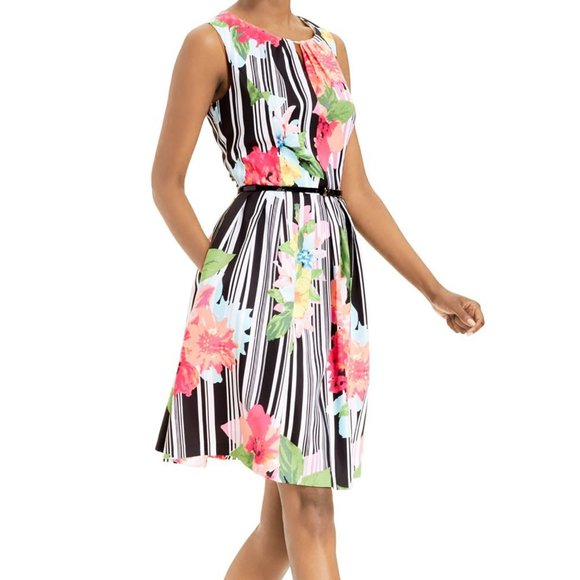 Ellen Tracy Dresses & Skirts - ELLEN TRACY 2 XS Floral Dress Stripe Fit Flare Keyhole Midi 50s Retro 4 S 1950s